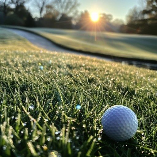 Golfboll i daggvått gräs på en solbelyst golfbana